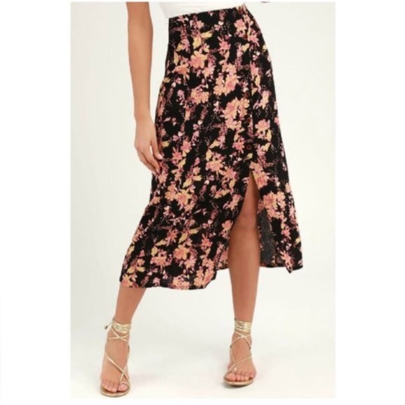 Free People Retro Love Black Floral Print Button Front Midi Skirt - Picture 10 of 11